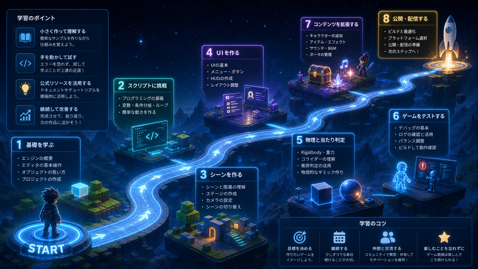 ゲーム開発初心者の勉強順を表したヒーロー画像
