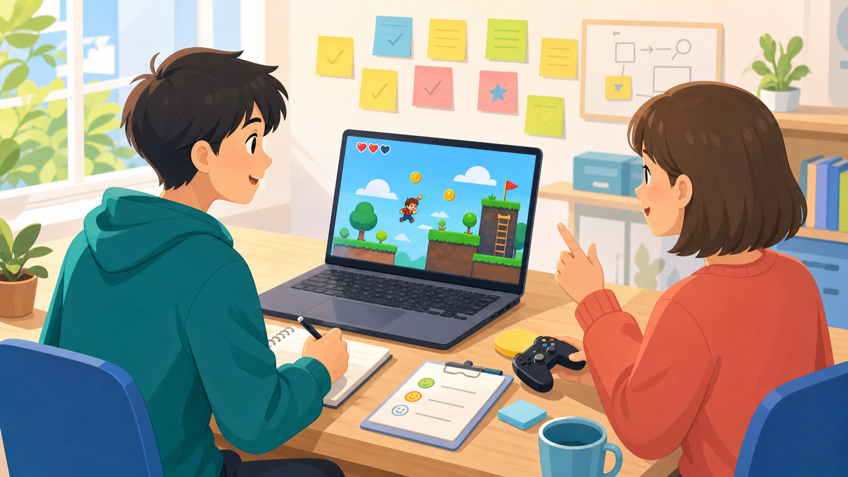 初心者が小さなゲーム試作を友人に遊んでもらい、感想をメモして改善点を整理しているイメージ