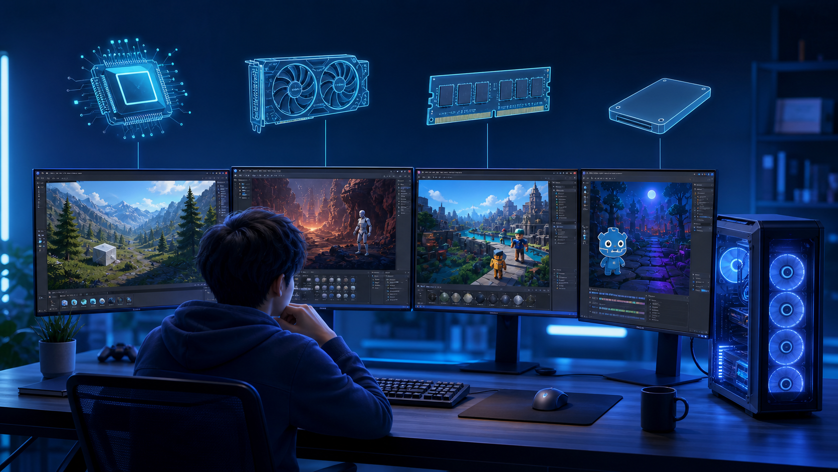 ゲームエンジン学習用PCの主要パーツと4つのエンジンの学習イメージを示すヒーロー画像