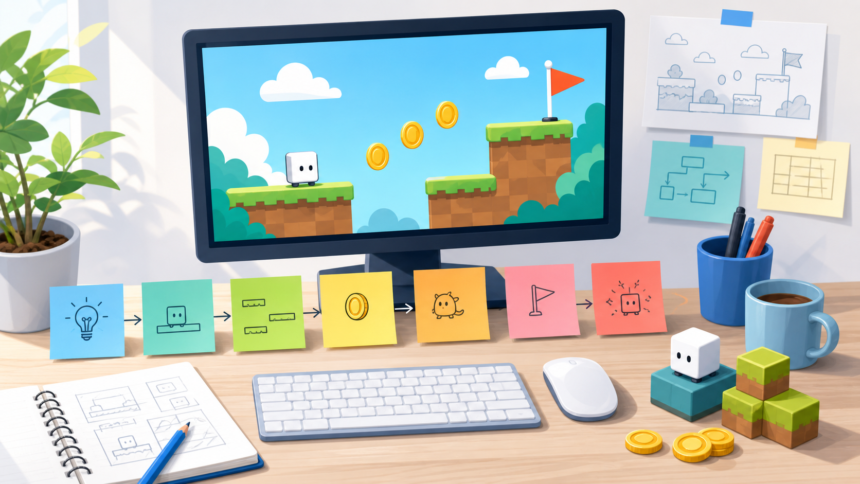 小さなゲーム試作を1週間で組み立てる流れを示したプロトタイプ制作イメージ