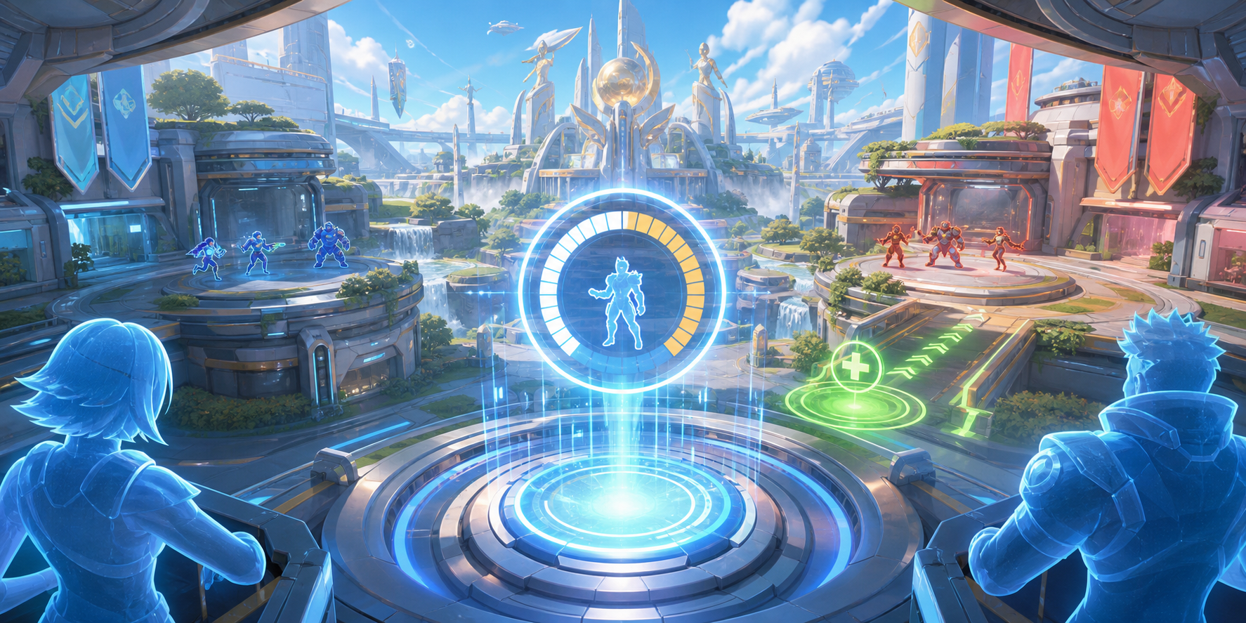 脅威インジケーター、拠点進行バー、リスポーンタイマーをまとめて示したゲームUIのヒーロー画像