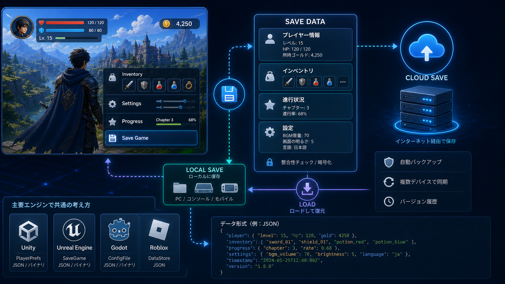 ゲーム開発のセーブデータ設計入門を表したヒーロー画像