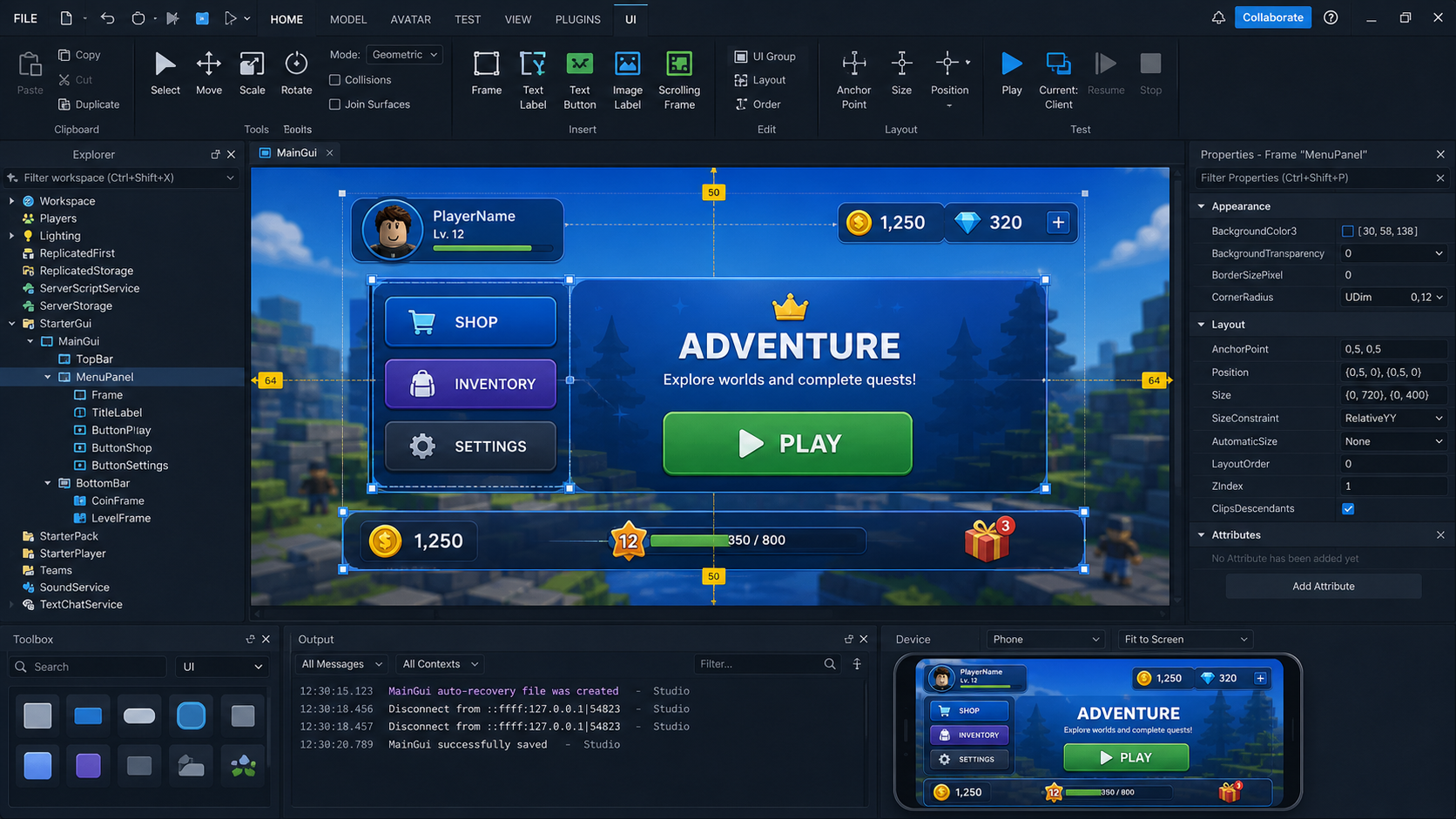 Roblox Studio の GUI 基礎を表したヒーロー画像