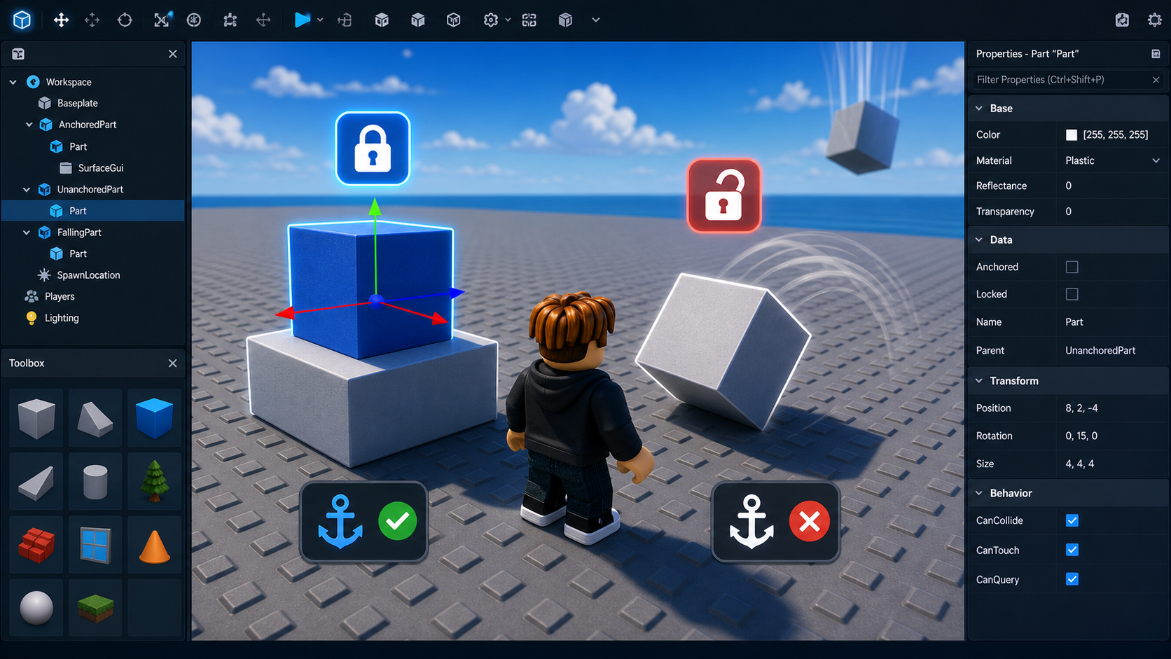 Roblox Studio の Part と Anchored 基礎を表したヒーロー画像