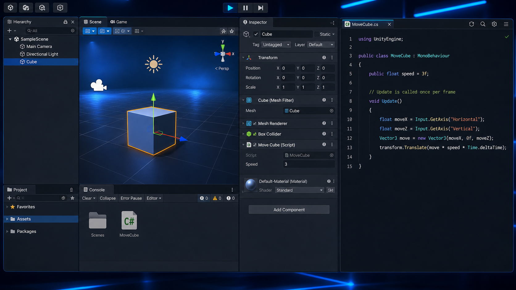 Unity の最初の C# スクリプト学習を表したヒーロー画像