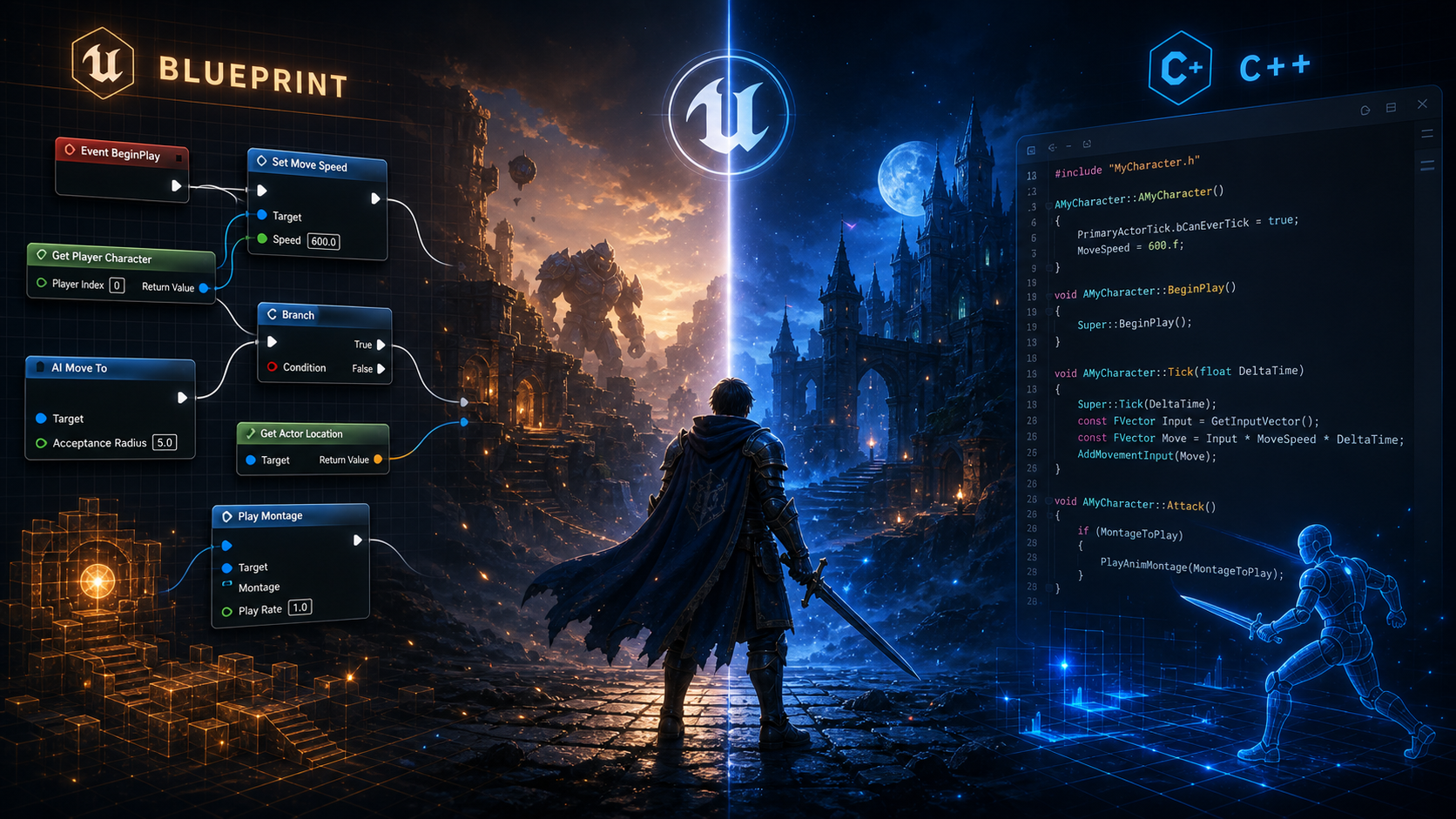 Unreal Engine の Blueprint と C++ の違いを表したヒーロー画像